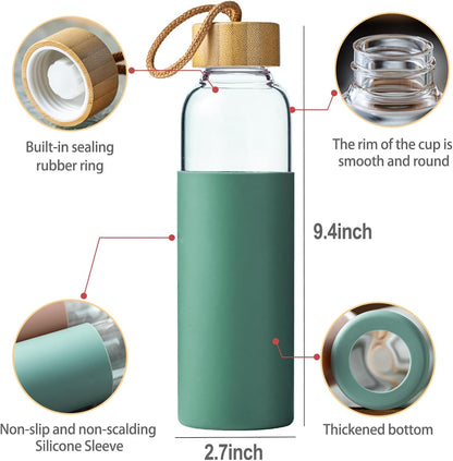 Skiennix 21oz Glass Water Bottle - BPA-Free, Silicone Sleeve & Bamboo Lid - Ideal for Gym, Office, Travel (Green)