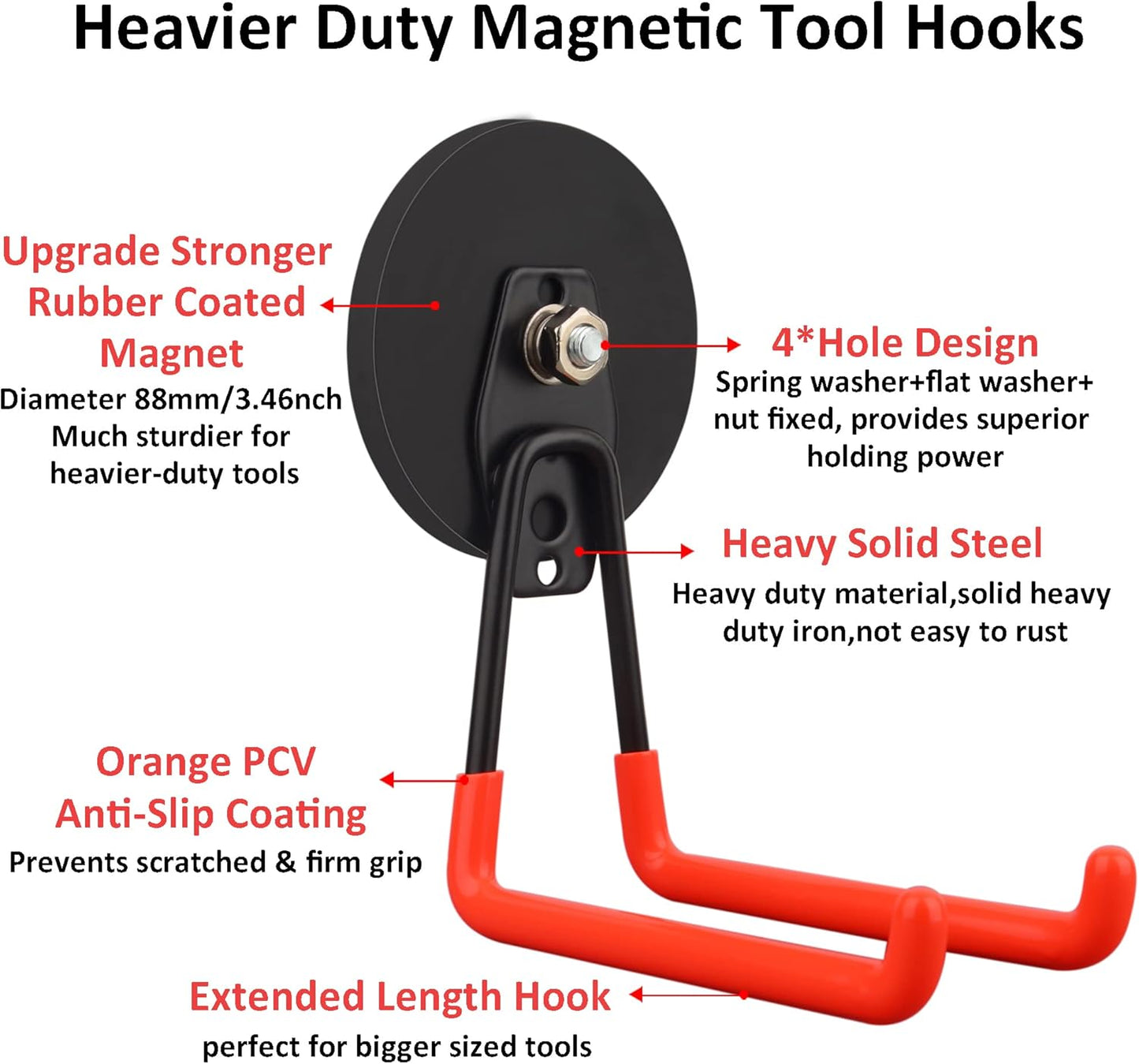 ULIBERMAGNET Heavy-Duty Magnetic Hooks - Large 3.46 Inch Tool Organizers for Workshop & Garden | 2 Pack, Orange