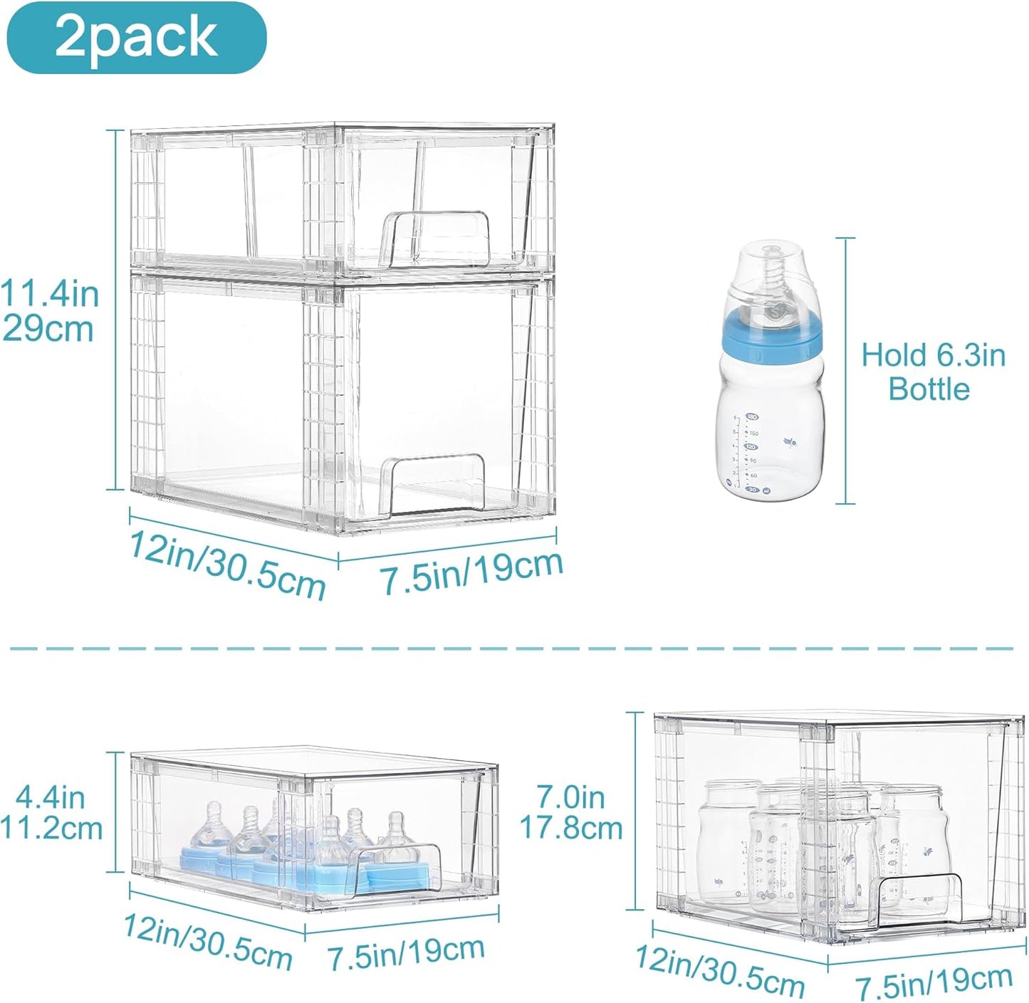 Vtopmart Clear Stackable Storage Drawers - Easy Assembly Organizers for Kitchen, Bathroom & Pantry | 4 Pack