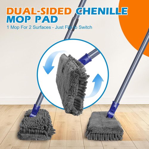 Masthome Flat Dust Mop - 2-Sided Microfiber Mop with 4 Reusable Pads for Wet & Dry Cleaning | Ideal for Hardwood, Tile, Vinyl