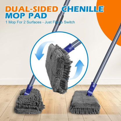 Masthome Flat Dust Mop - 2-Sided Microfiber Mop with 4 Reusable Pads for Wet & Dry Cleaning | Ideal for Hardwood, Tile, Vinyl