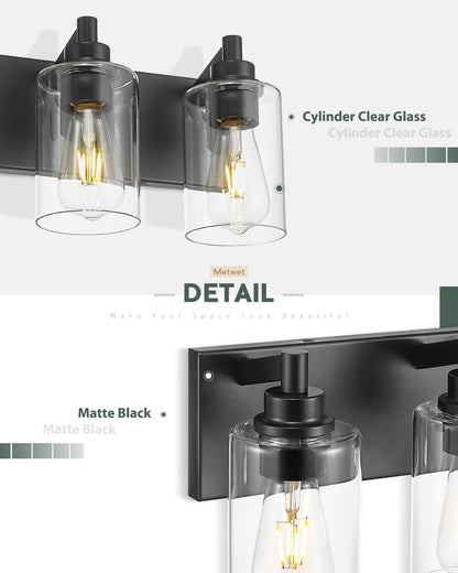 METWET 4-Light Bathroom Light Fixtures, Black Vanity Light with Cylinder Clear Glass Shade, Modern Vanity Lighting Fixtures Over Mirror, VL143-MB-4