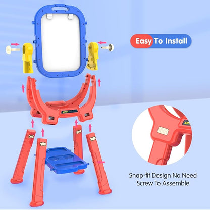 Blue Kids Art Easel for Toddler 3-5, 360° Rotatable Double-Sided Magnetic Chalkboard & Whiteboard