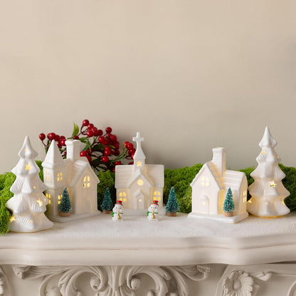 Skiennix Christmas Village Set - 11 Pcs Ceramic Decoration with 3 Lighted Houses & 2 Trees | Festive Tabletop Decor