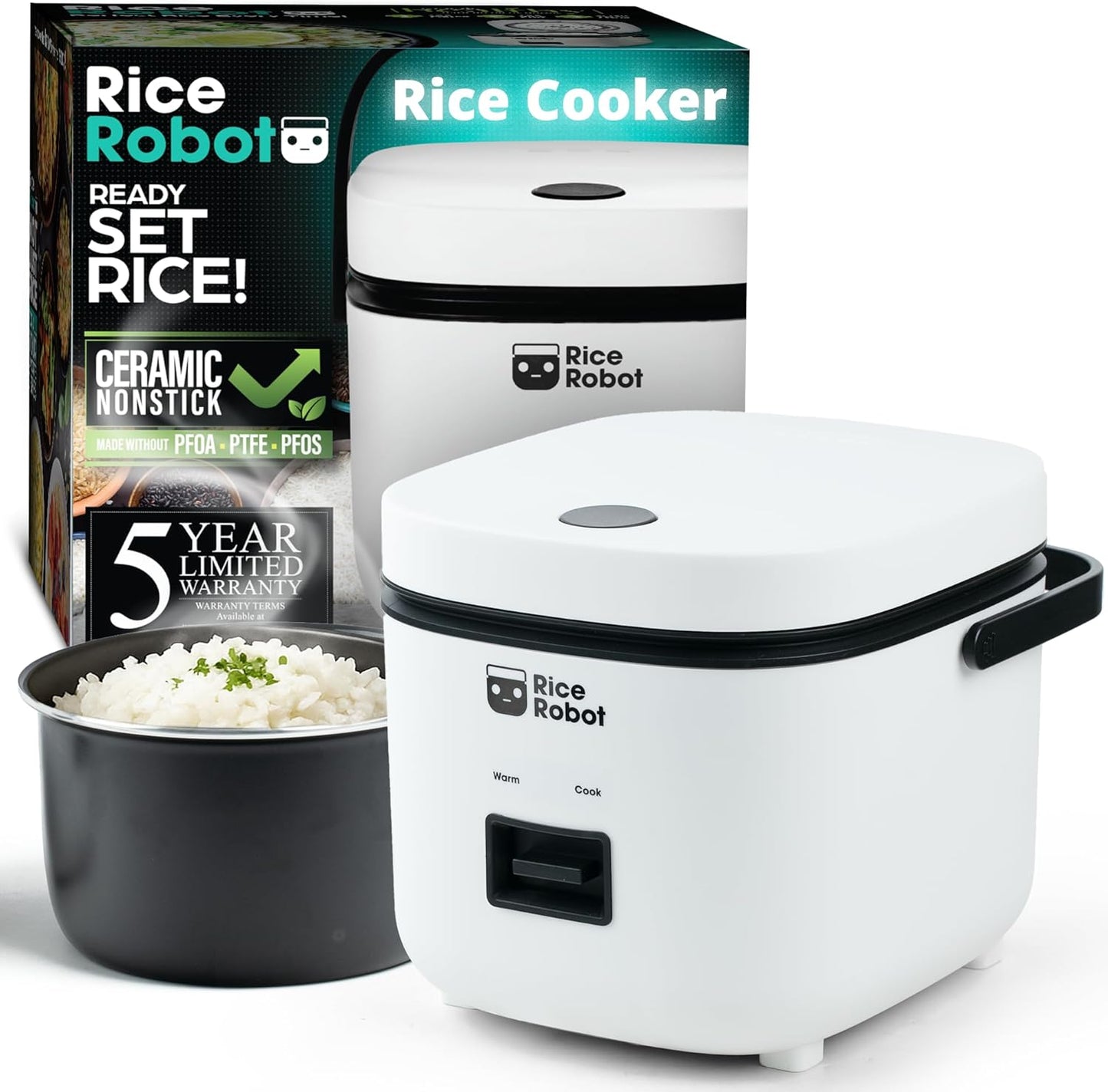 Rice Robot Personal Rice Cooker - PFAS-Free Nonstick Design | 1 Quart Capacity with Steamer Tray & Recipe Book