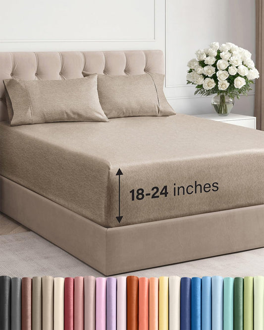 Skiennix Extra Deep Twin XL Sheet Set - 4-Piece Breathable Cooling Bedding - Soft, Wrinkle-Free, Heathered Beige