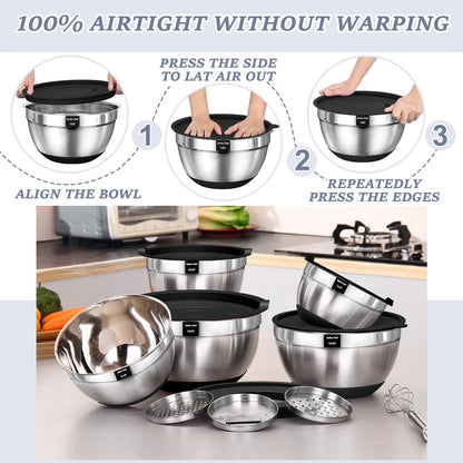 Umite Chef Mixing Bowls - 8PCS Stainless Steel Set with Airtight Lids & Grater Attachments | Non-Slip Bottoms, Black, 1.5QT to 5QT