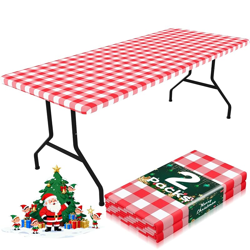 Smiry 6 ft Picnic Table Cloth Set (2-Pack) Elastic Fitted Waterproof Buffalo Plaid - Red & White 36" x 72"