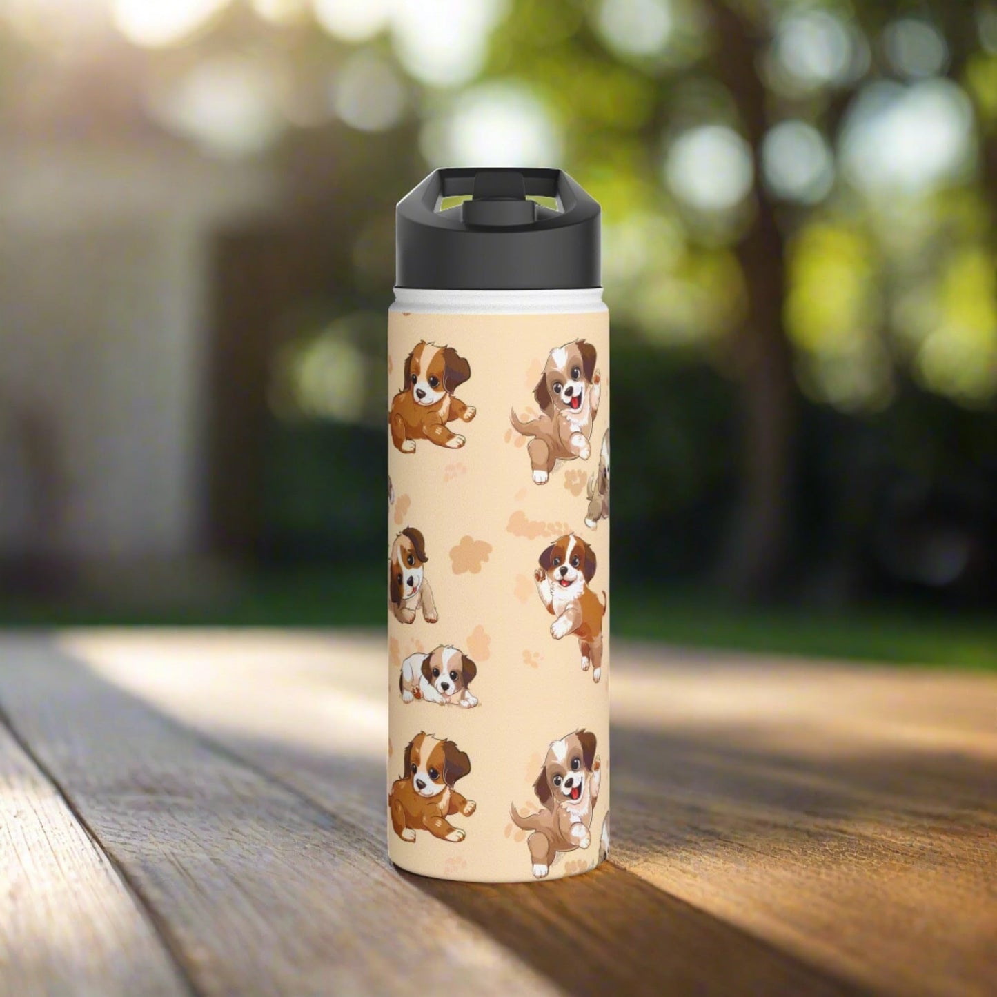 Insulated Water Bottle Thermos, 18oz, Cute Puppy Dogs - Double Walled Stainless Steel, Keeps Drinks Hot or Cold