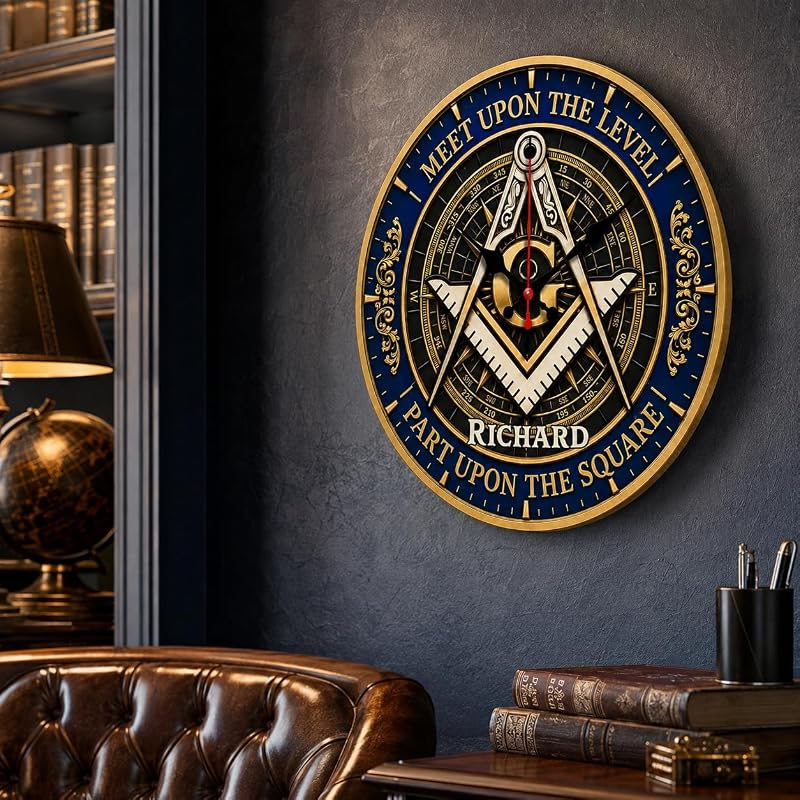Personalized Masonic Wall Clock - Meet Upon The Level, Custom Name