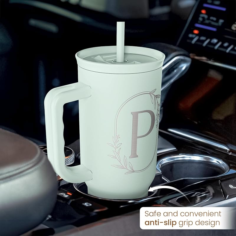 Personalized Monogram Tumbler with Handle - 40oz (Letter P) Insulated Travel Cup
