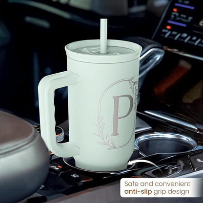 Personalized Monogram Tumbler with Handle - 40oz (Letter P) Insulated Travel Cup