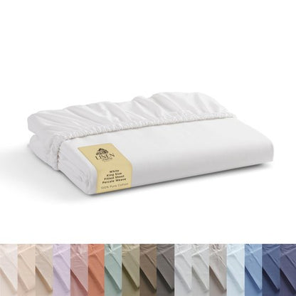 Linen Home 100% Cotton Percale Weave Fitted Sheet, King Size, White, 1 Deep Pocket Fitted Sheet, Fits Mattress Upto 16" Crisp and Cool Strong Bed Linen, 78"X80"+15"