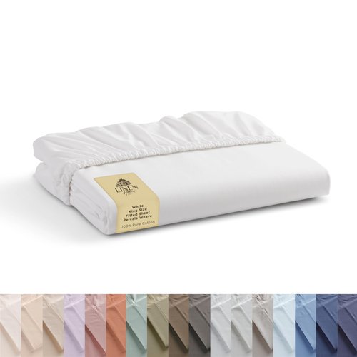 Linen Home 100% Cotton Percale Weave Fitted Sheet, King Size, White, 1 Deep Pocket Fitted Sheet, Fits Mattress Upto 16" Crisp and Cool Strong Bed Linen, 78"X80"+15"