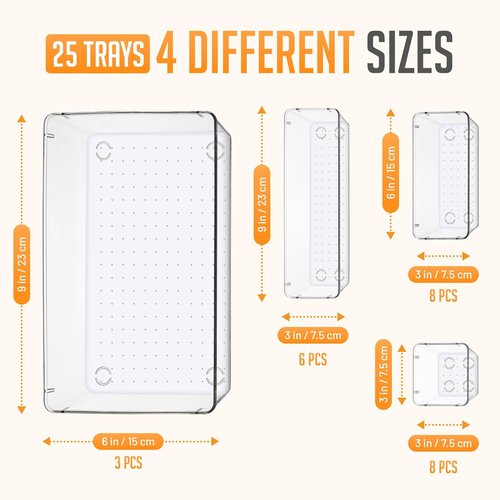 Masirs Clear Drawer Organizers Set - 25 PCS Modular Plastic Storage Bins for Desk, Kitchen & Bathroom
