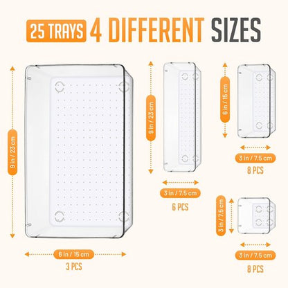 Masirs Clear Drawer Organizers Set - 25 PCS Modular Plastic Storage Bins for Desk, Kitchen & Bathroom