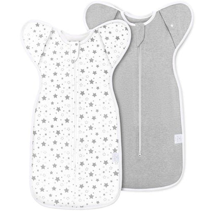 ANYEDDE Baby Swaddle 2-Pack - Arms Up Design with Removable Cuffs & 2-Way Zipper, Gray Stars, Breathable Cotton for 3-6 Months
