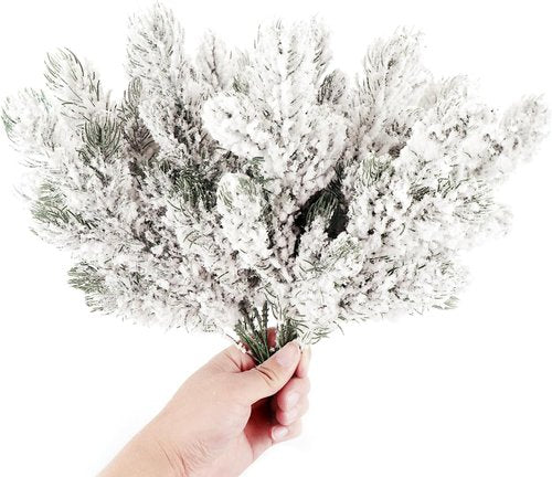 Kesywale Frosted Artificial Pine Needles - 10PCS Snowy Pine Picks for Christmas Tree Decor | 10.6" Greenery Stems