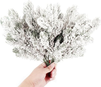 Kesywale Frosted Artificial Pine Needles - 10PCS Snowy Pine Picks for Christmas Tree Decor | 10.6" Greenery Stems