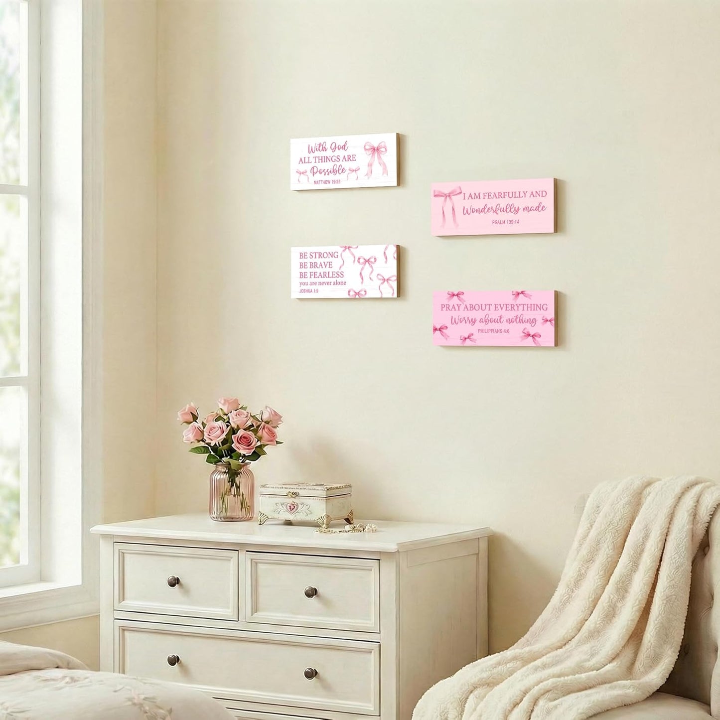 Skiennix 4Pcs Pink Bow Wooden Wall Decor - Cute Christian Art for Teen Girls' Nursery & Bedroom
