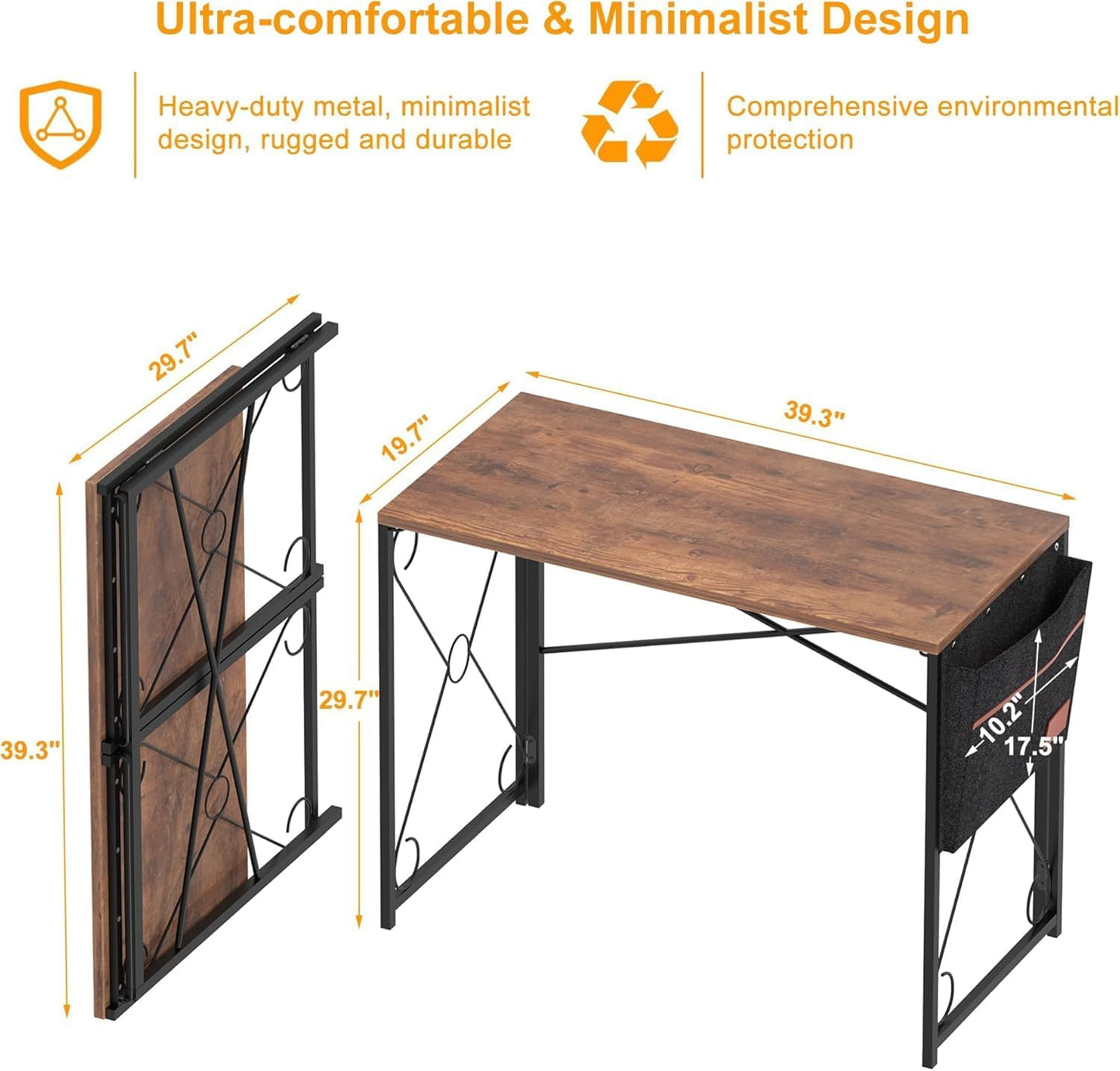 VECELO 39-Inch Folding Desk - Compact Writing Computer Desk for Home Office | Classic Brown Finish