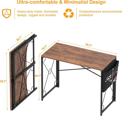 VECELO 39-Inch Folding Desk - Compact Writing Computer Desk for Home Office | Classic Brown Finish