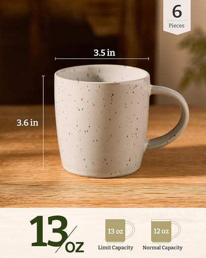 Meteor-Matcha Green 13 oz Mug Set of 6 - Speckled Ceramic Coffee Cups with Handle