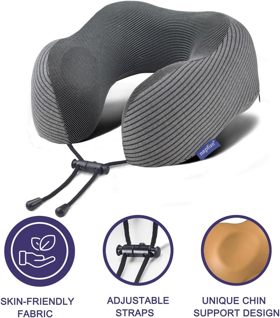 Napfun Neck Pillow - Memory Foam Travel Pillow with Sleep Mask & Earplugs | Dark Gray Striped Kit