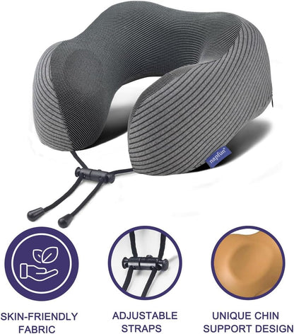 Napfun Neck Pillow - Memory Foam Travel Pillow with Sleep Mask & Earplugs | Dark Gray Striped Kit