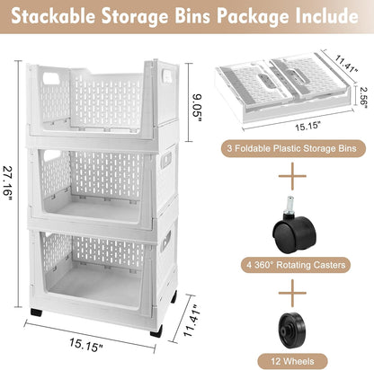 Stackable Storage Baskets by [Brand Name] - 3 Pack Foldable Organizers with Wheels | Versatile Closet & Office Storage