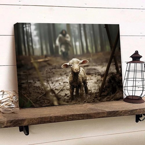Balgardekor Jesus Canvas Wall Art - Inspirational Jesus and Lost Lamb Design | 12 x 16 Inches, Grey
