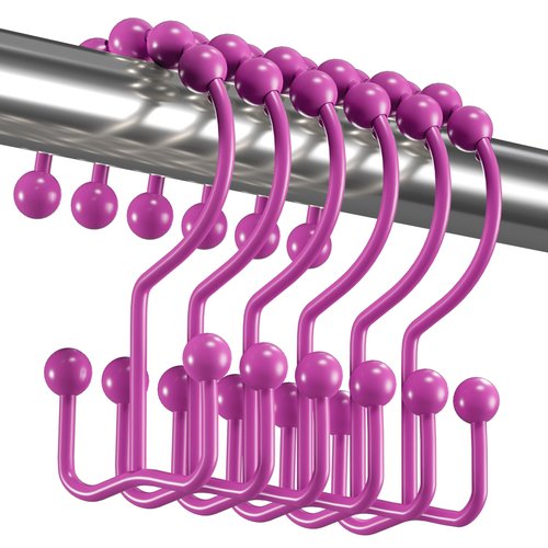 Titanker Shower Curtain Hooks Rings, Rust-Resistant Metal Double Glide Shower Hooks for Bathroom Shower Rods Curtains, Set of 12 Hooks - Fuchsia Rose