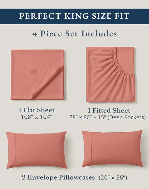 Lane Linen 100% Organic Cotton King Sheet Set - Fully Elasticized, Fade Resistant & Naturally Cooling - Rose Dawn
