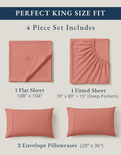Lane Linen 100% Organic Cotton King Sheet Set - Fully Elasticized, Fade Resistant & Naturally Cooling - Rose Dawn