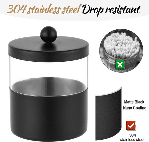 Gaussra Black Apothecary Jars - Stylish Stainless Steel Qtip Holder | 2-Pack Bathroom Decor