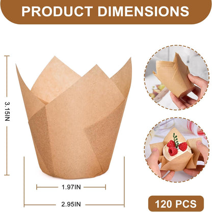 Neyimqr Natural Tulip Cupcake Liners - 120 Count Food Grade Parchment Paper Muffin Holders | Greaseproof for Parties & Holidays
