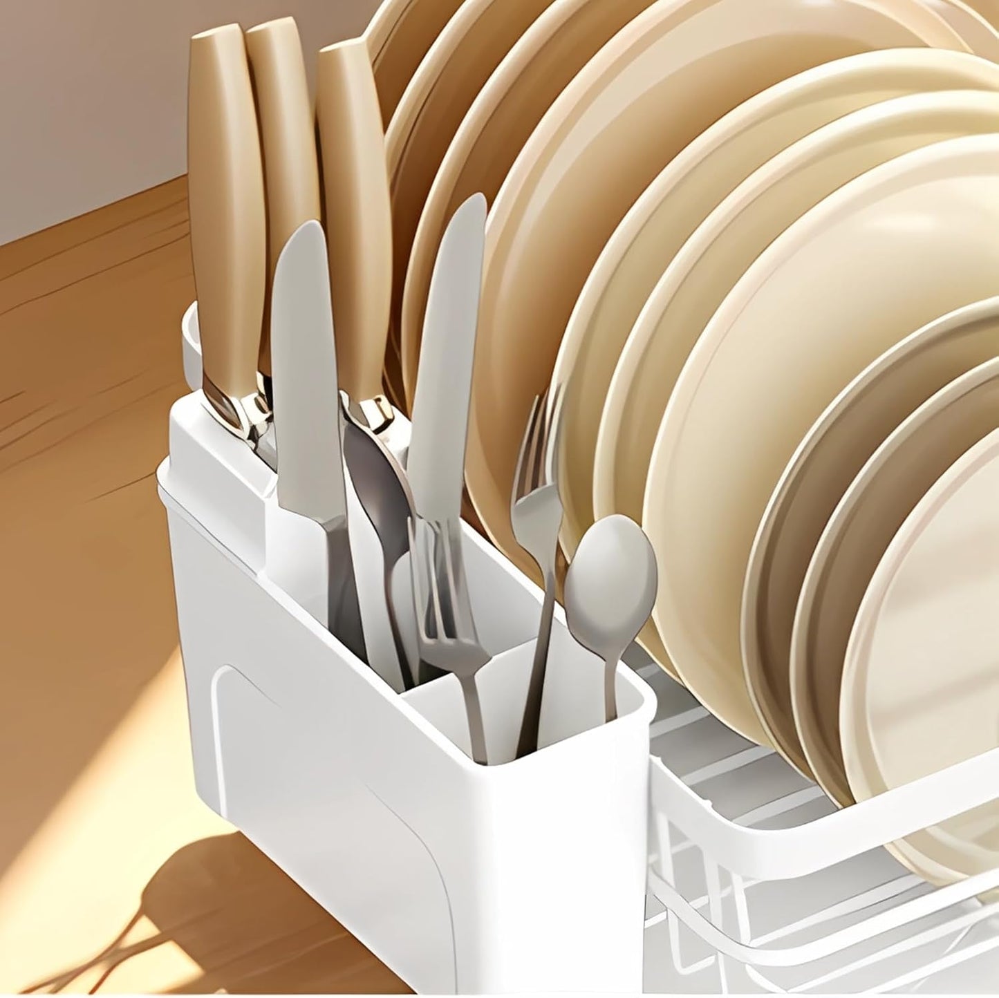 Skiennix Small Dish Drying Rack - Space-Saving Kitchen Organizer with Cutlery Holder | 11''W x 15''L, White