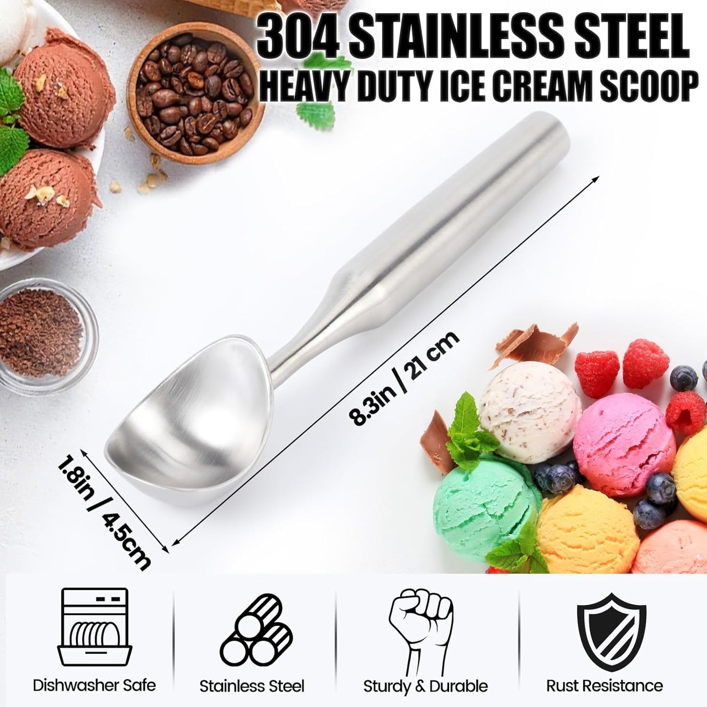 Skiennix Stainless Steel Ice Cream Scoop - Heavy Duty Ergonomic Handle for Gelato & Sorbet | Dishwasher Safe
