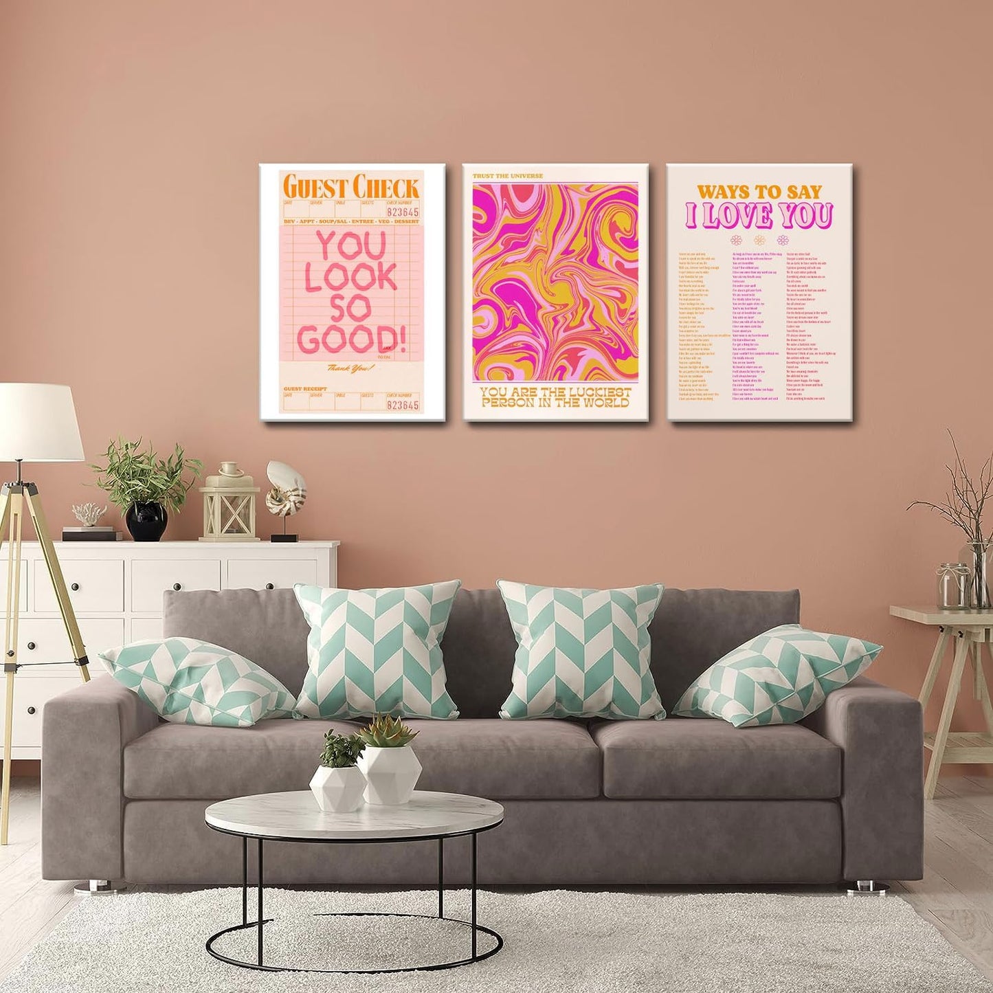 Pink Wall Decor - Abstract Canvas Art Set of 3 | Unique Love-Inspired Prints for Teen Girls | Framed 12x16''