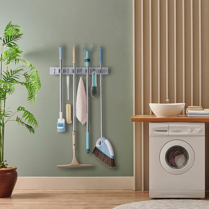 OUTNILI Mop Broom Holder - Wall Mount Organizer with 4 Slots & Hooks for Laundry Room | Gray Wood Design