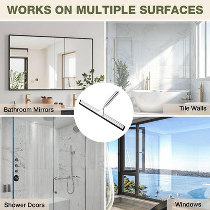 FARMER Shower Squeegee for Glass Doors, 10-Inch Glass Squeegee for Windows, Car Glass and Mirrors, Multi-Purpose Stainless Steel Squeegee with Suction Wall Hook and Over Door Hook, Silver