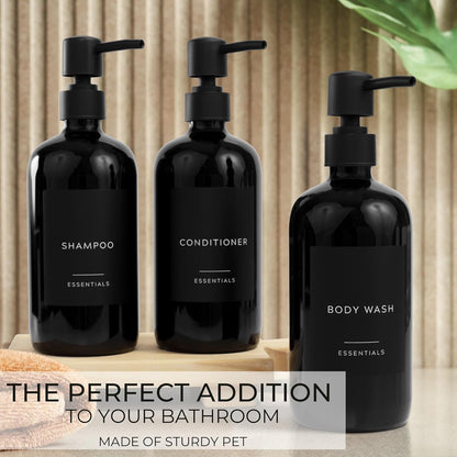 Stylish Shampoo and Conditioner Dispenser Set - Modern 21oz Black Shower Soap Bottles with Pump & Labels