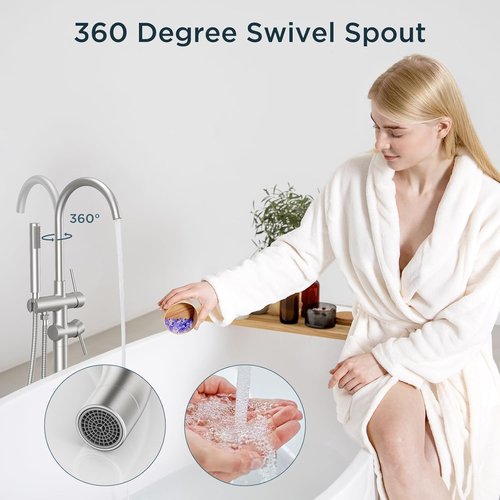 FORIOUS Freestanding Tub Faucet - High Flow Brass Bathtub Filler with Handheld Shower | Brushed Nickel