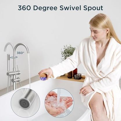 FORIOUS Freestanding Tub Faucet - High Flow Brass Bathtub Filler with Handheld Shower | Brushed Nickel