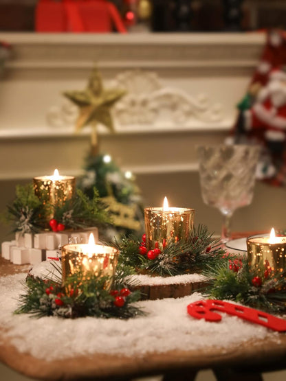 Regine Switzerland Christmas Candle Ring - 4 Pcs Votive Candles with Red Berry & Pinecone | Festive Table Centerpiece Decor