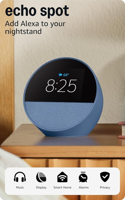 Echo Spot by Amazon - Smart Alarm Clock with Alexa | Ideal for Nightstands & Offices | Ocean Blue
