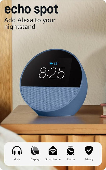 Amazon Echo Spot - Smart Alarm Clock with Alexa - Perfect for Nightstands & Offices - Black