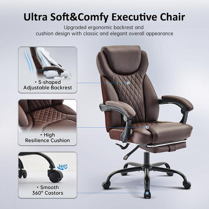 amseatec Office Chair, Big and Tall Office Chair with Foot Rest Ergonomic Desk Chairs Reclining High Back Leather Chairs with Lumbar Support(Brown)