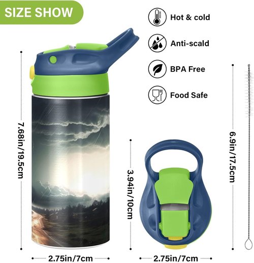 Black Tornado Kids Water Bottle - 12oz Insulated Stainless Steel, BPA Free, Leak-Proof, Green