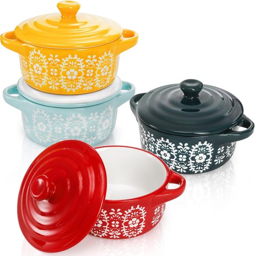 Goaste 4 Pack Porcelain Ramekins - 7 OZ Mini Casserole Dishes with Lids & Handles | Round Ceramic Cocotte Bowls for Soufflé, Crème Brûlée, Lava Cake & Soup (4 Colors)